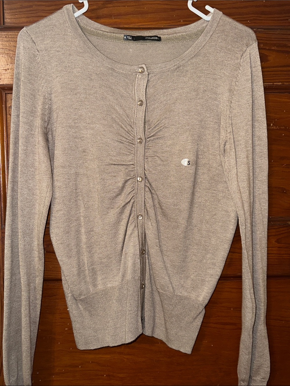 Maurices Taupe Ruched Front Button Cardigan